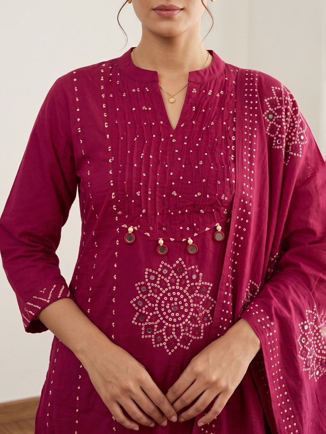 Red Printed Cotton Blend Kurta With Pant &amp; Dupatta