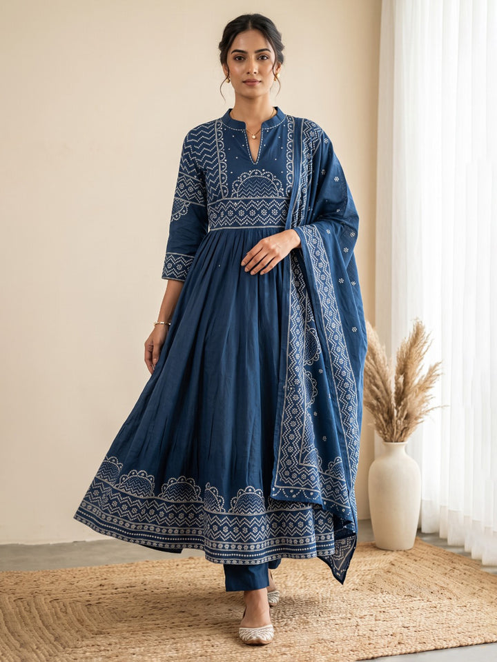 Blue Printed Kurta With Pant &amp; Dupatta