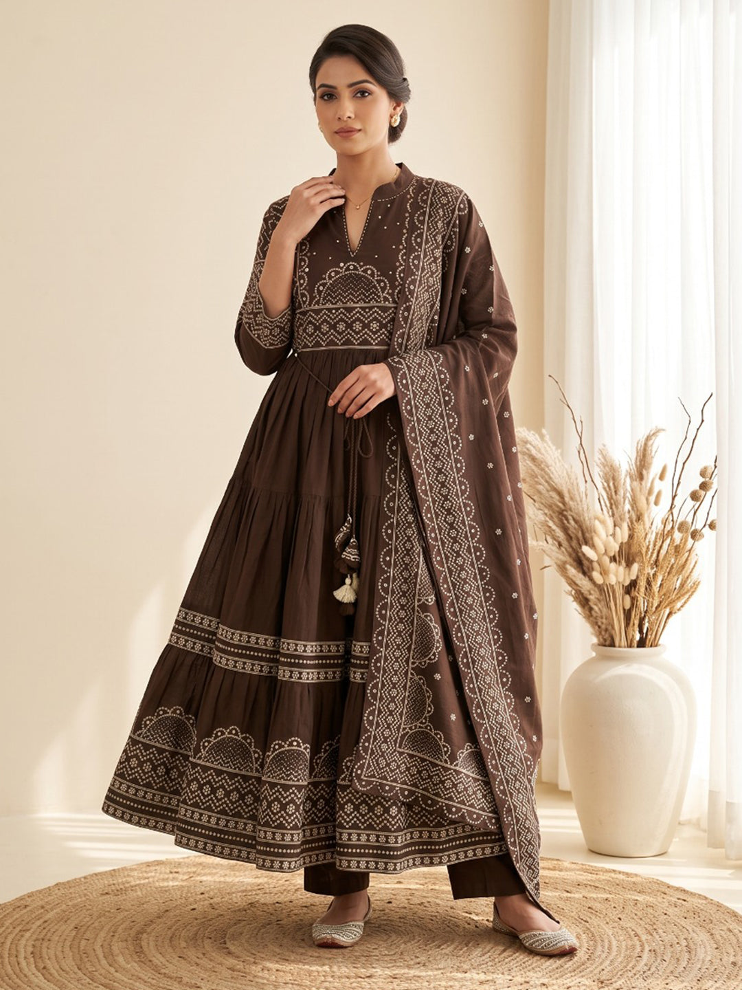 Brown Printed Cotton Blend Kurta With Pant &amp; Dupatta