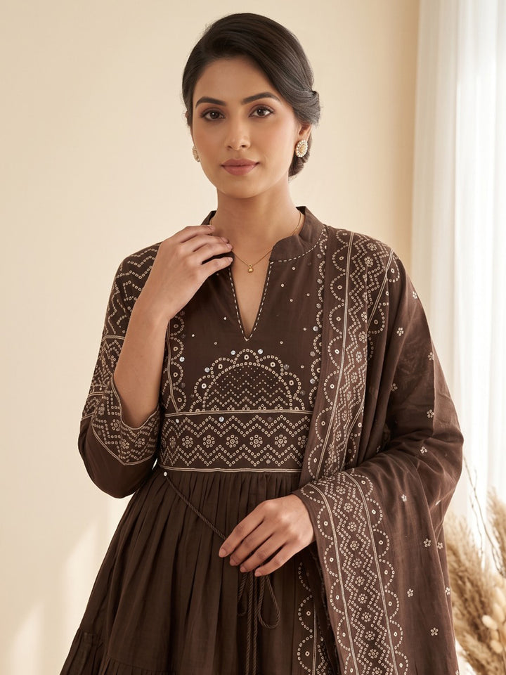 Brown Printed Cotton Blend Kurta With Pant &amp; Dupatta