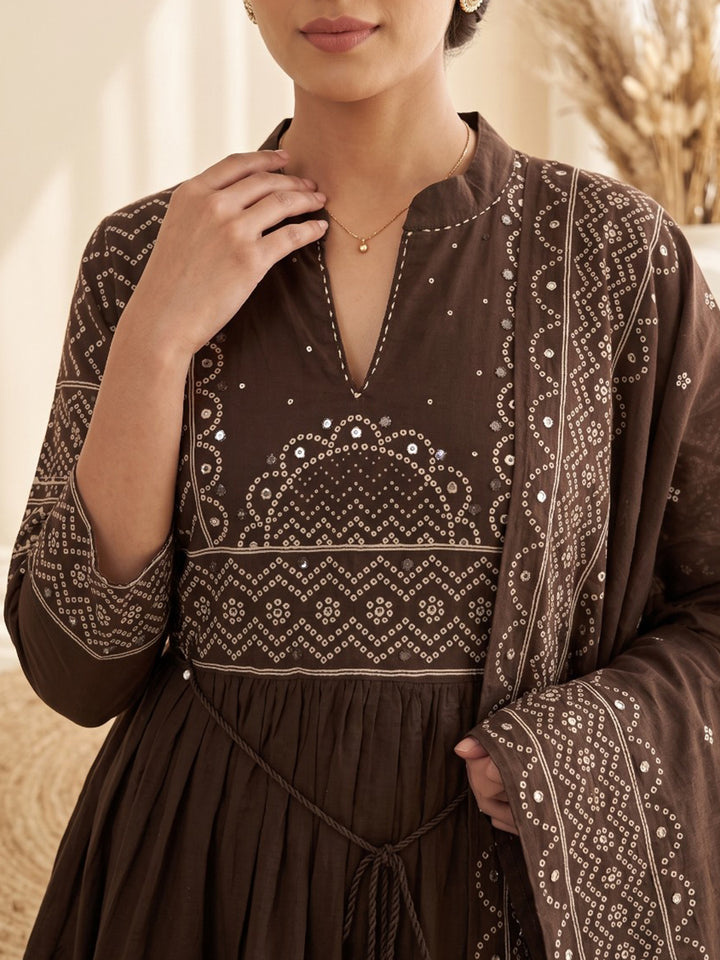 Brown Printed Cotton Blend Kurta With Pant &amp; Dupatta