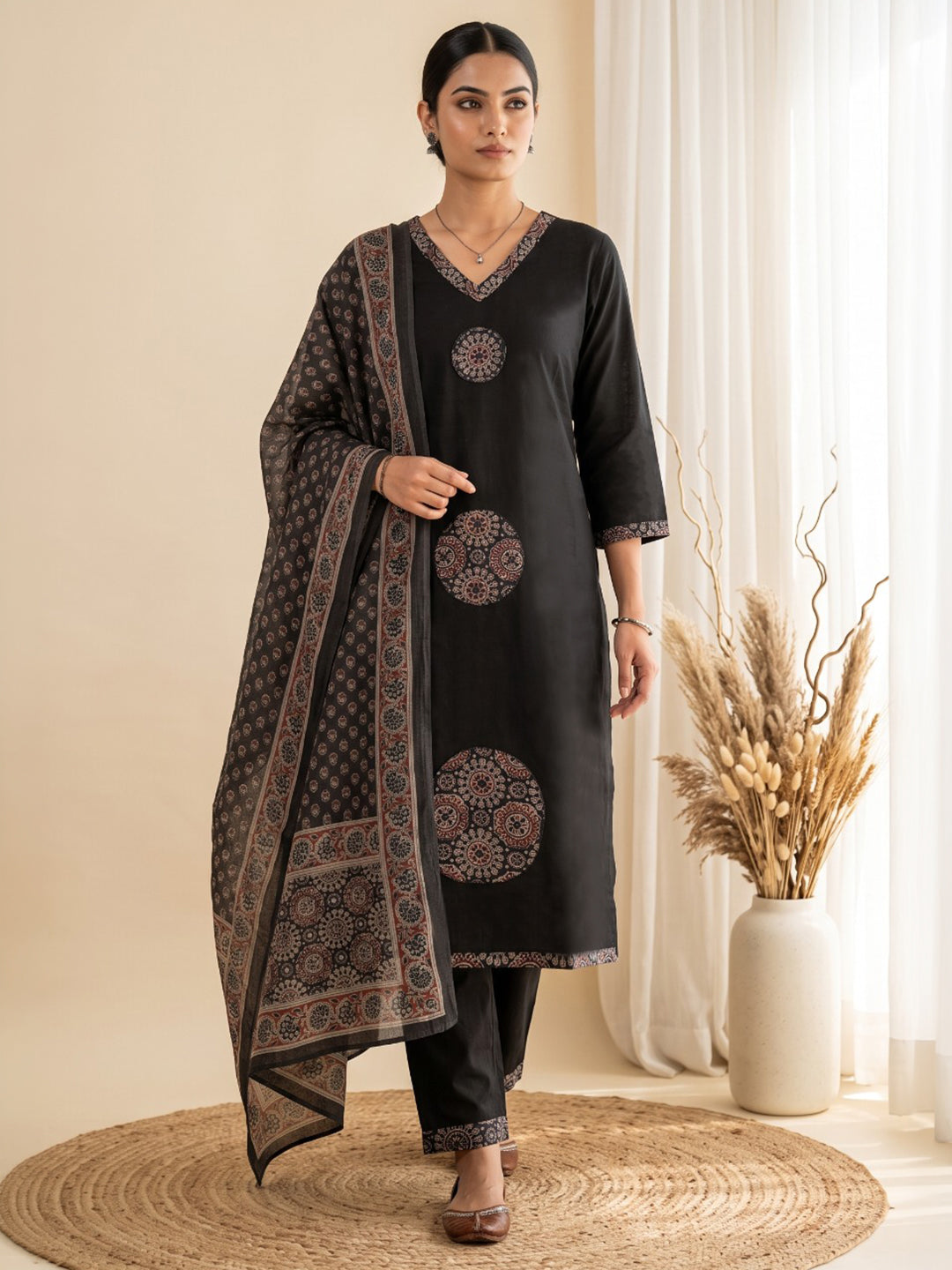 Black Printed Cotton Blend Kurta With Pant &amp; Dupatta