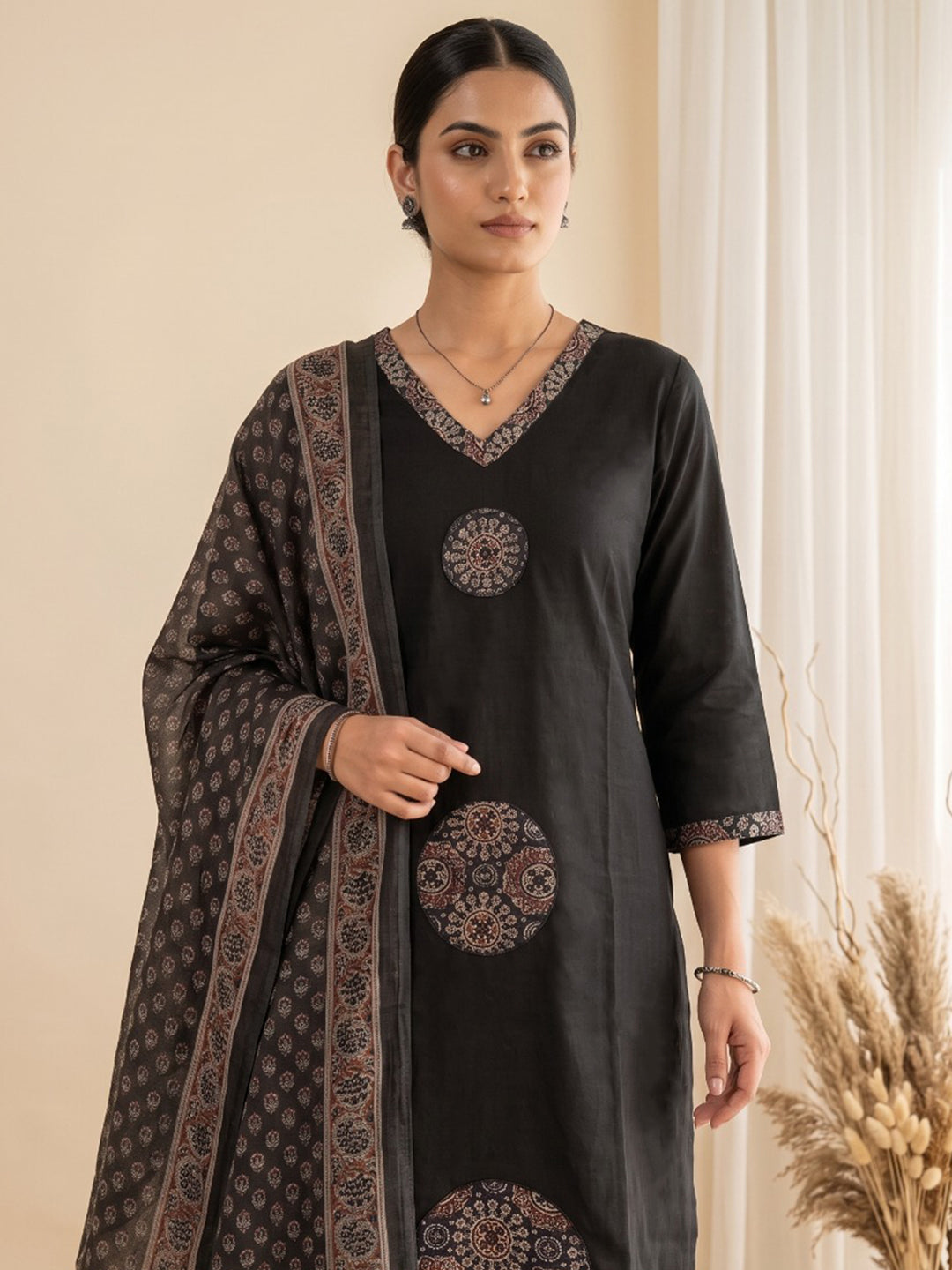 Black Printed Cotton Blend Kurta With Pant &amp; Dupatta