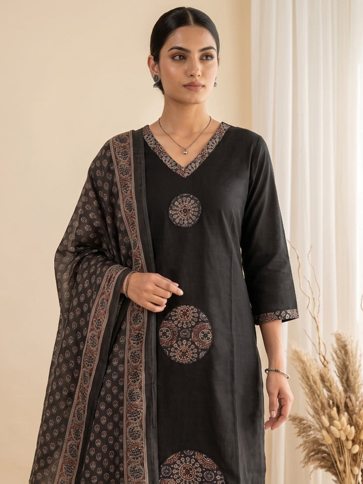 Black Printed Cotton Blend Kurta With Pant &amp; Dupatta