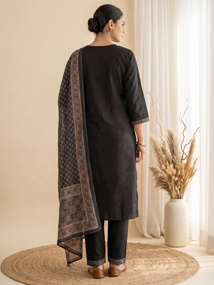 Black Printed Cotton Blend Kurta With Pant &amp; Dupatta