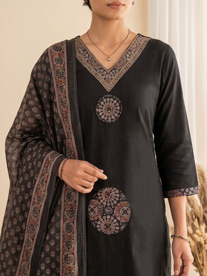 Black Printed Cotton Blend Kurta With Pant &amp; Dupatta