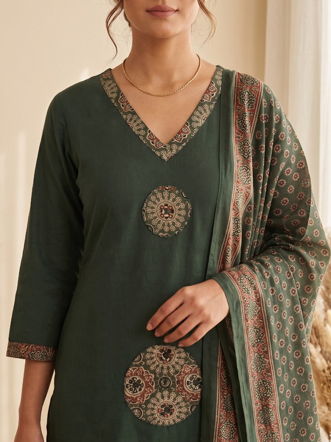 Green Printed Cotton Blend Kurta With Pant &amp; Dupatta