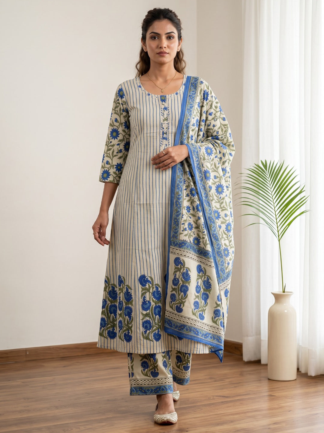 Blue Embroidery Cotton Blend Kurta With Pant &amp; Dupatta