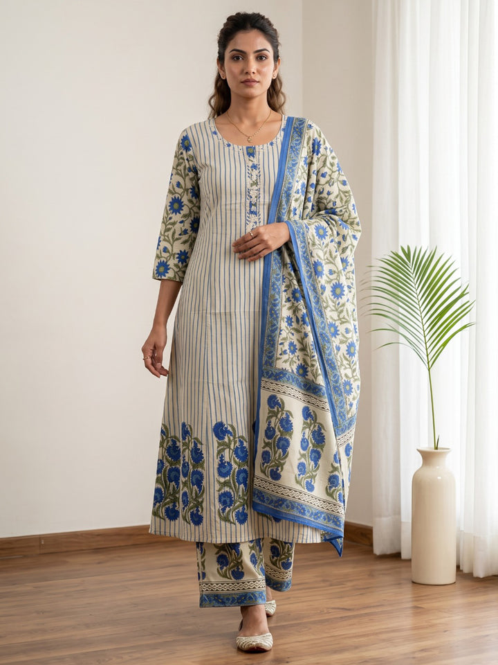 Blue Embroidery Cotton Blend Kurta With Pant &amp; Dupatta