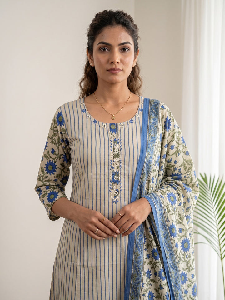 Blue Embroidery Cotton Blend Kurta With Pant &amp; Dupatta