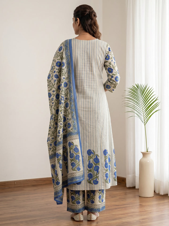 Blue Embroidery Cotton Blend Kurta With Pant &amp; Dupatta