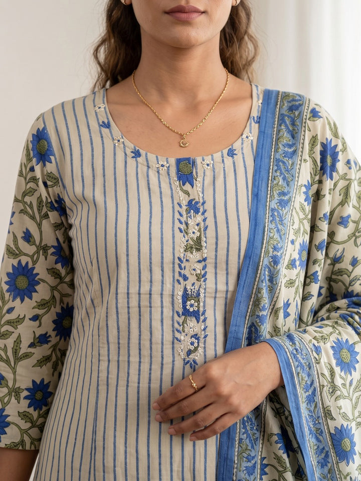 Blue Embroidery Cotton Blend Kurta With Pant &amp; Dupatta