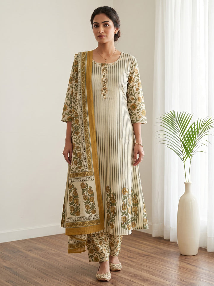 Mustard Embroidery Cotton Blend Kurta With Pant &amp; Dupatta