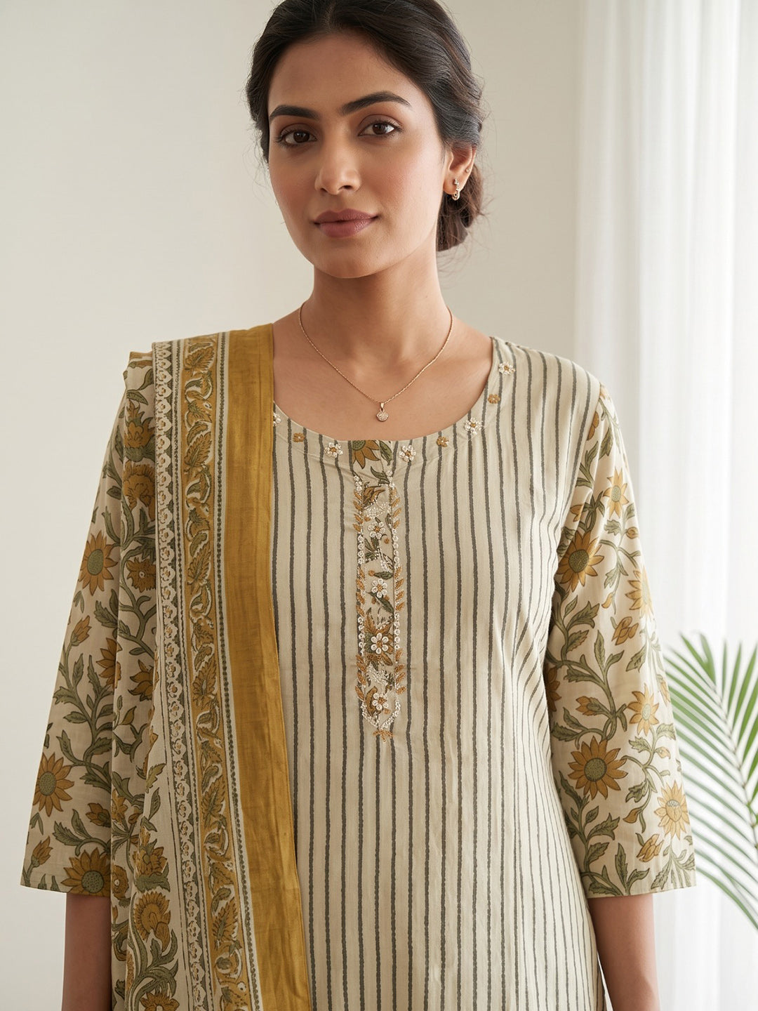 Mustard Embroidery Cotton Blend Kurta With Pant &amp; Dupatta