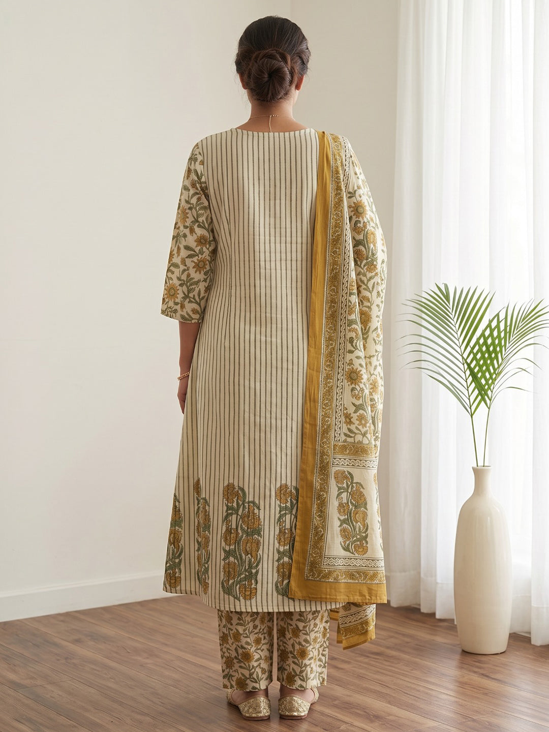 Mustard Embroidery Cotton Blend Kurta With Pant &amp; Dupatta