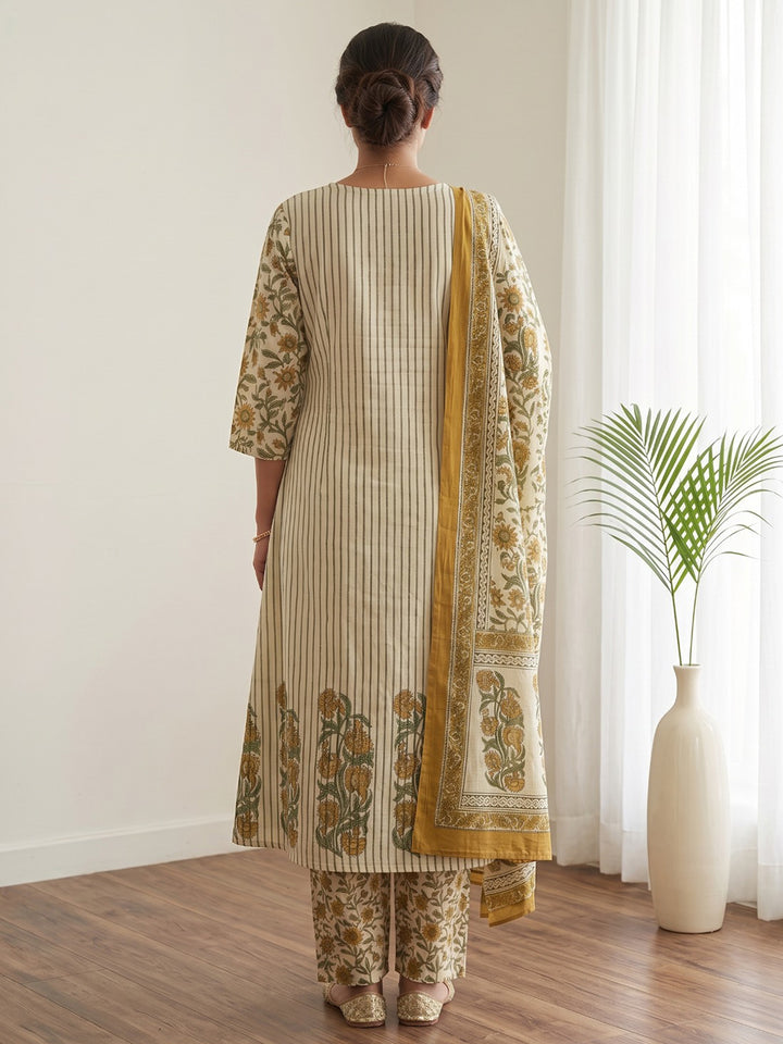Mustard Embroidery Cotton Blend Kurta With Pant &amp; Dupatta