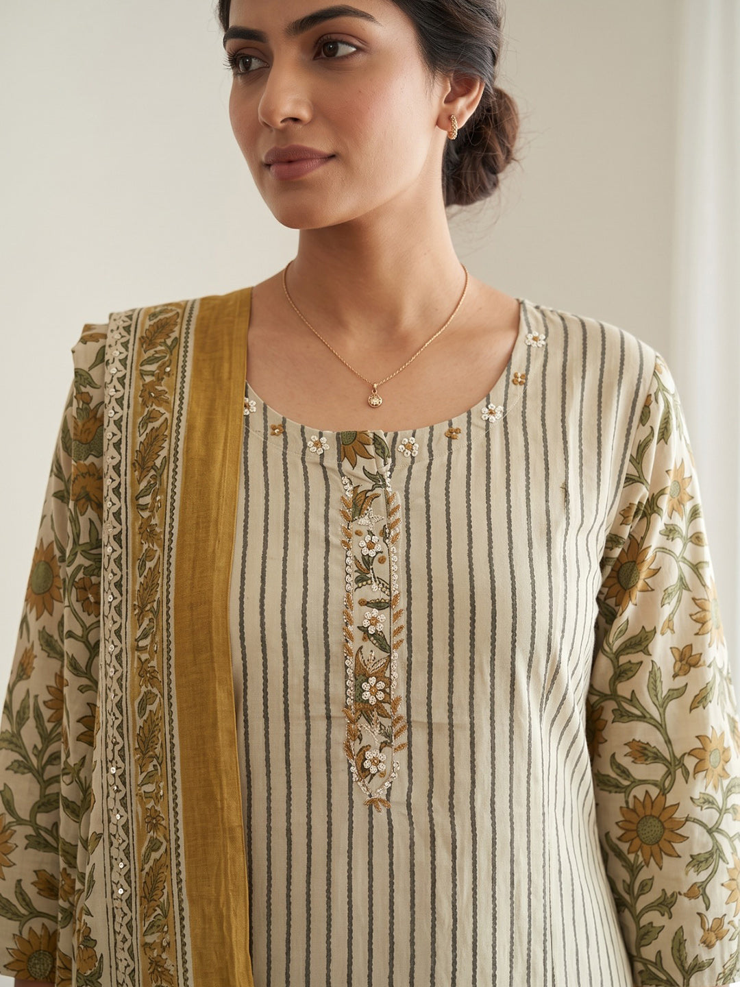 Mustard Embroidery Cotton Blend Kurta With Pant &amp; Dupatta
