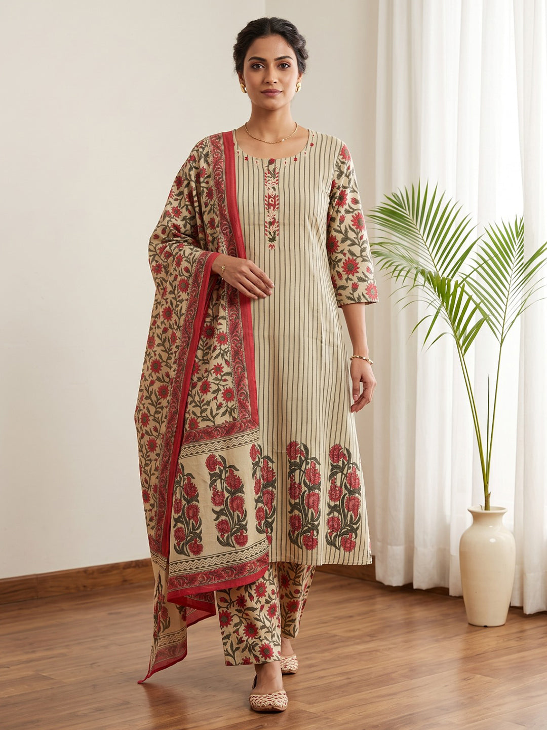 Red Embroidery Cotton Blend Kurta With Pant &amp; Dupatta