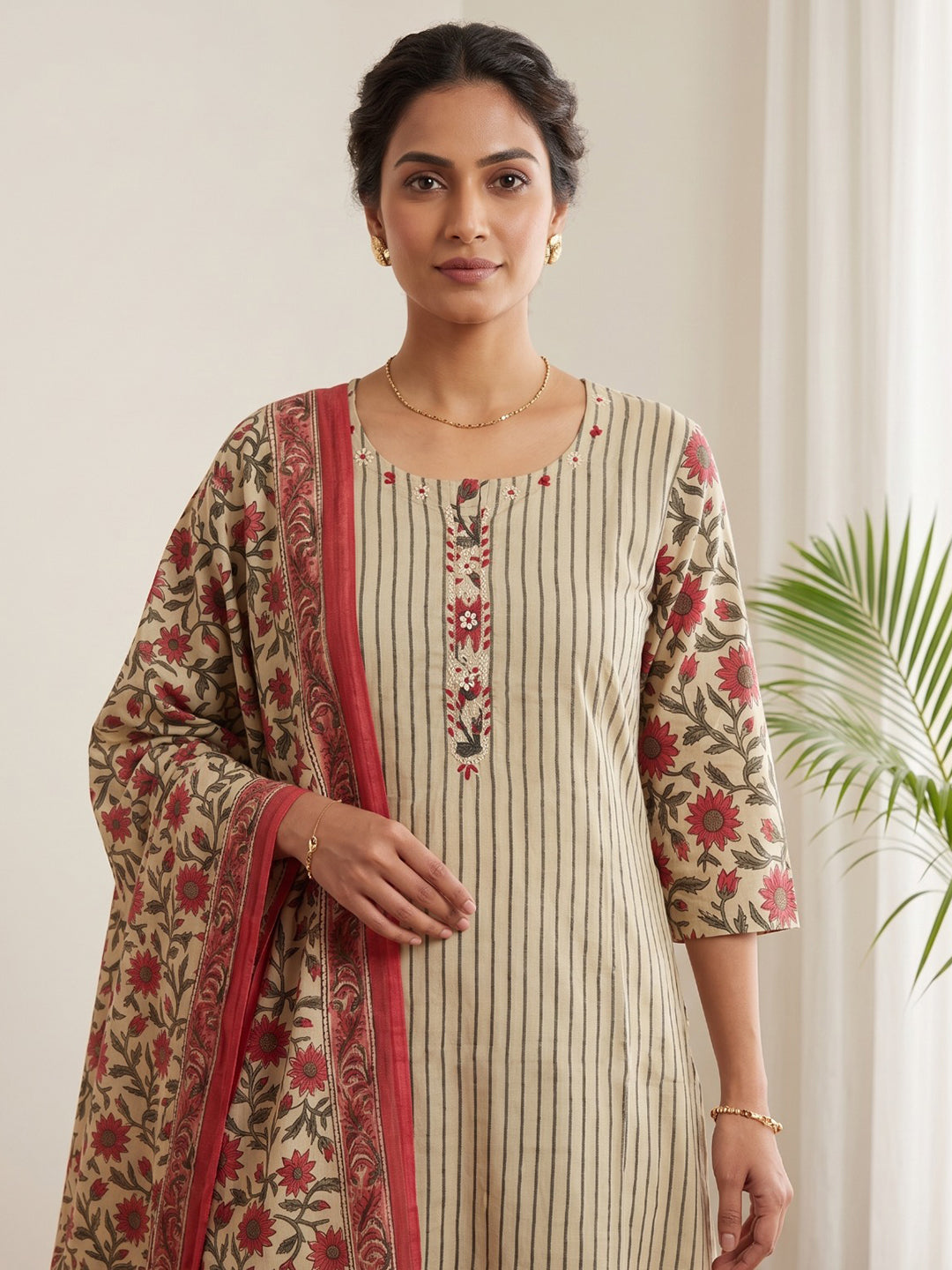 Red Embroidery Cotton Blend Kurta With Pant &amp; Dupatta