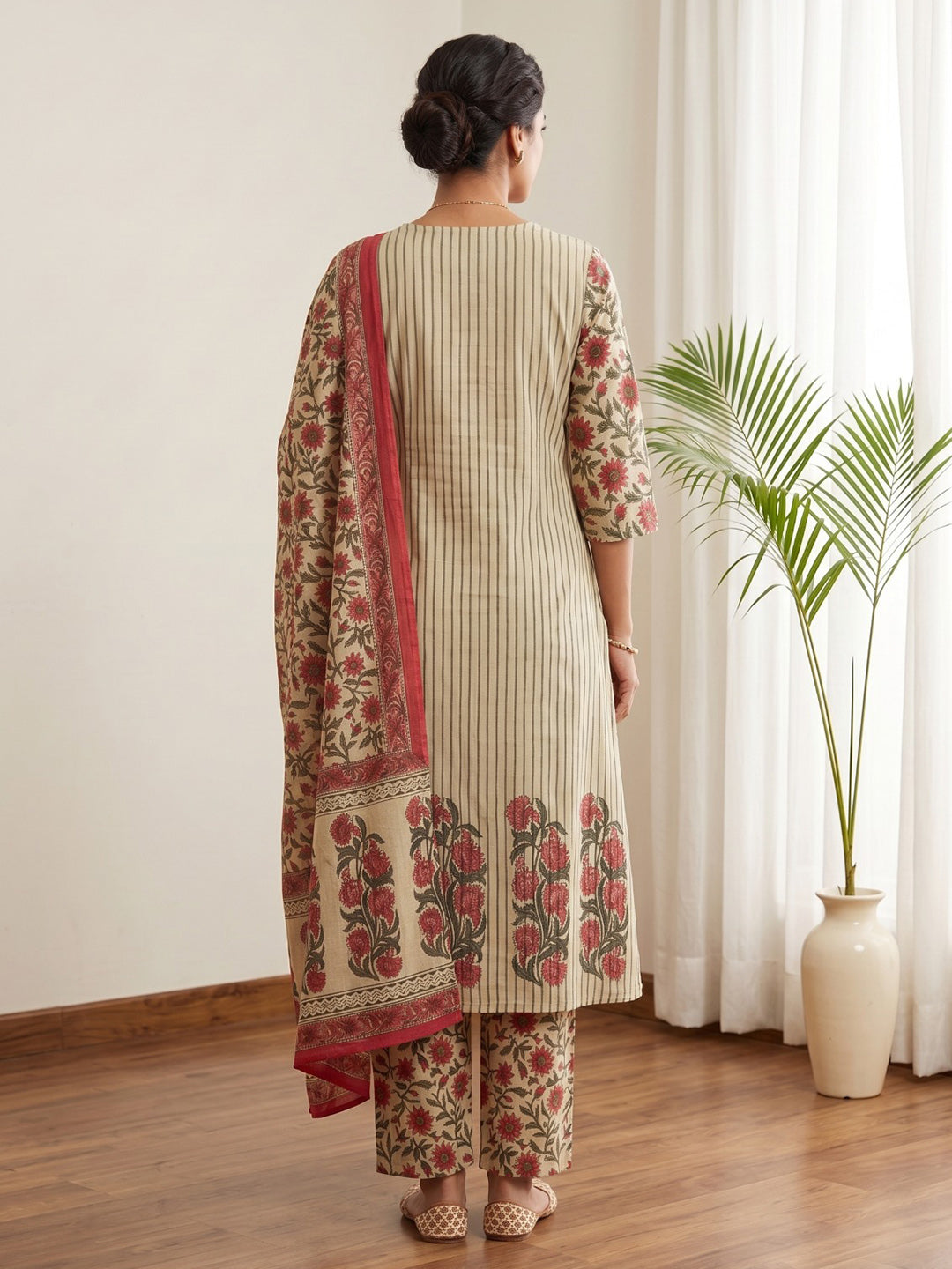 Red Embroidery Cotton Blend Kurta With Pant &amp; Dupatta