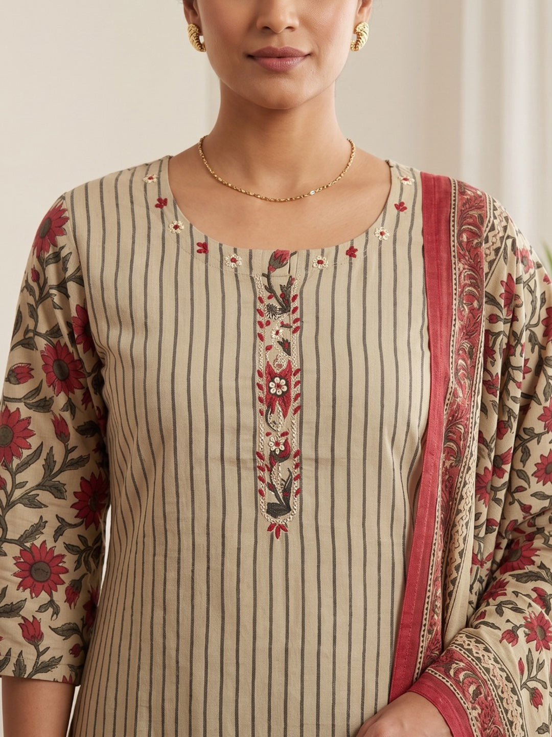 Red Embroidery Cotton Blend Kurta With Pant &amp; Dupatta