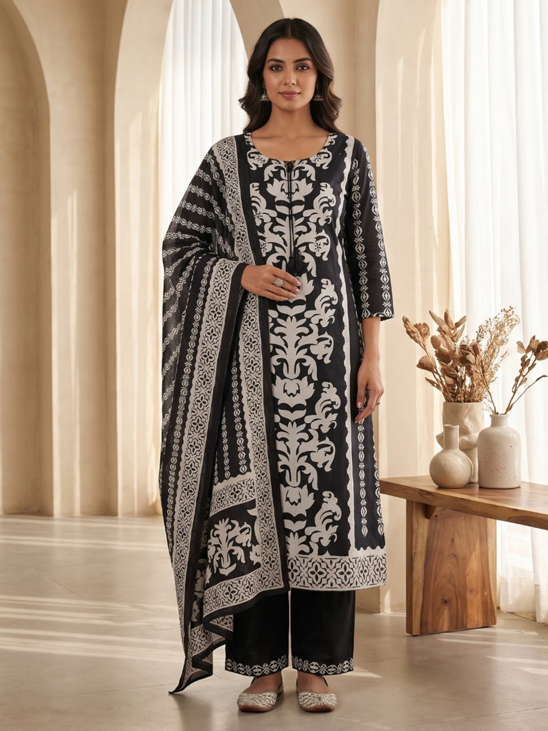 Black Printed Cotton Blend Kurta With Pant &amp; Dupatta
