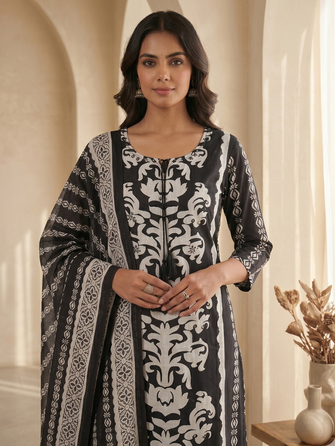 Black Printed Cotton Blend Kurta With Pant &amp; Dupatta