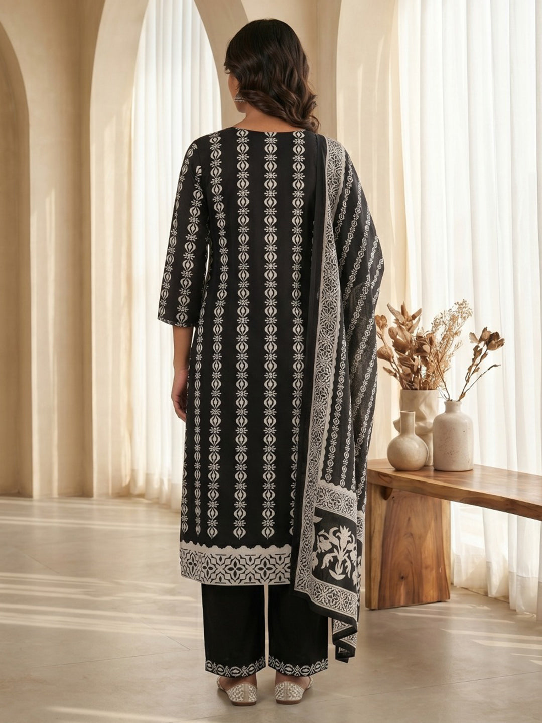 Black Printed Cotton Blend Kurta With Pant &amp; Dupatta