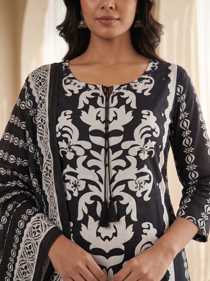 Black Printed Cotton Blend Kurta With Pant &amp; Dupatta