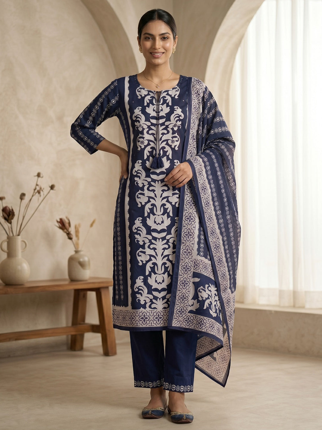 Blue Printed Cotton Blend Kurta With Pant &amp; Dupatta