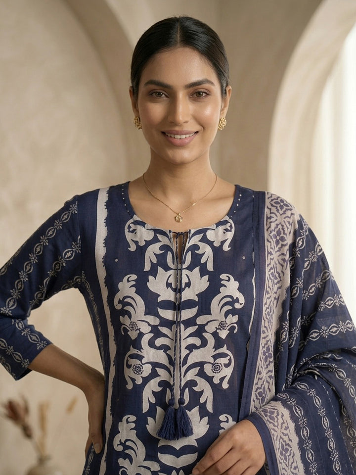 Blue Printed Cotton Blend Kurta With Pant &amp; Dupatta