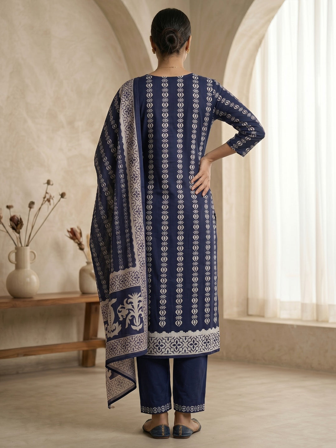 Blue Printed Cotton Blend Kurta With Pant &amp; Dupatta