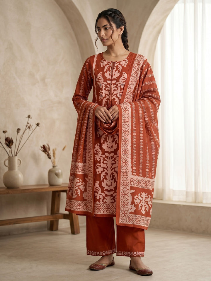 Orange Printed Cotton Blend Kurta With Pant &amp; Dupatta