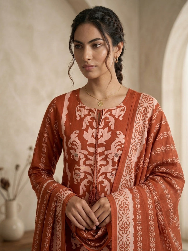 Orange Printed Cotton Blend Kurta With Pant &amp; Dupatta