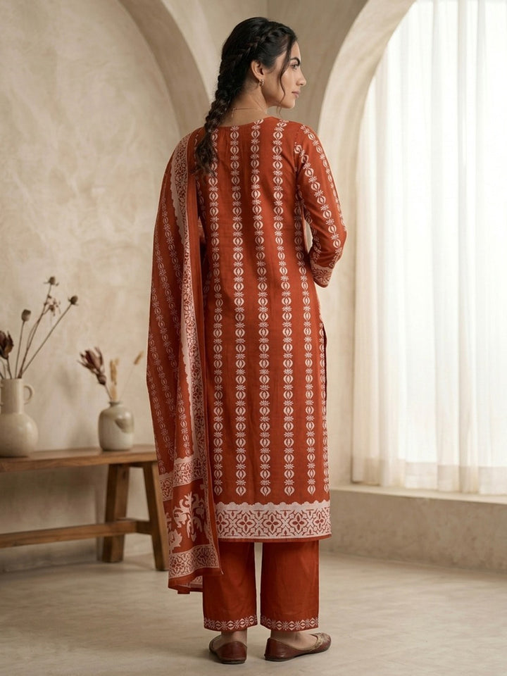 Orange Printed Cotton Blend Kurta With Pant &amp; Dupatta