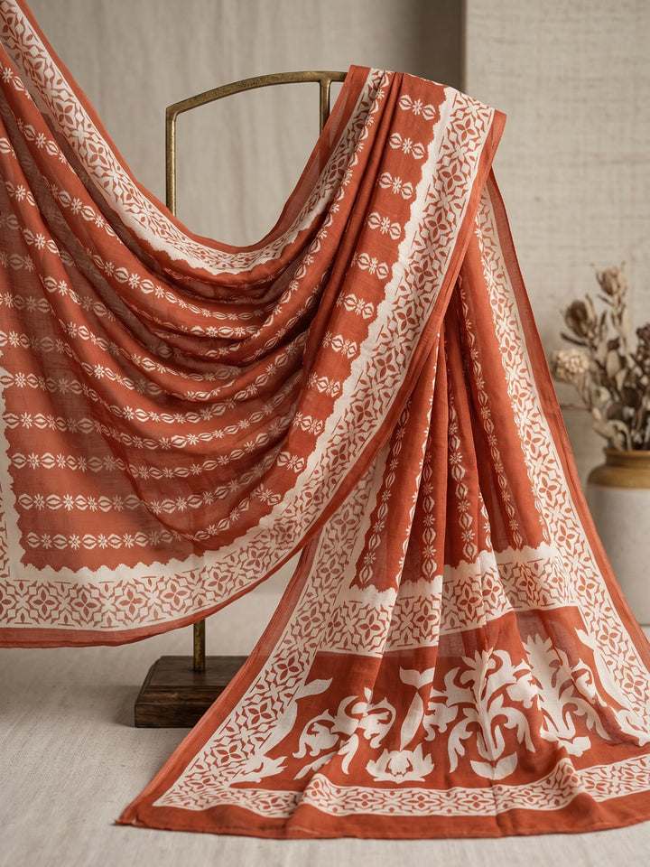 Orange Printed Cotton Blend Kurta With Pant &amp; Dupatta