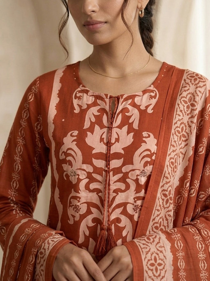 Orange Printed Cotton Blend Kurta With Pant &amp; Dupatta