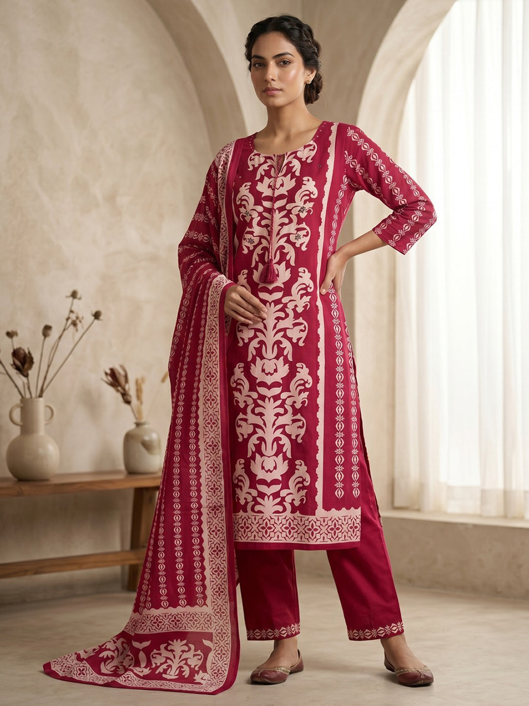 Pink Printed Cotton Blend Kurta With Pant &amp; Dupatta
