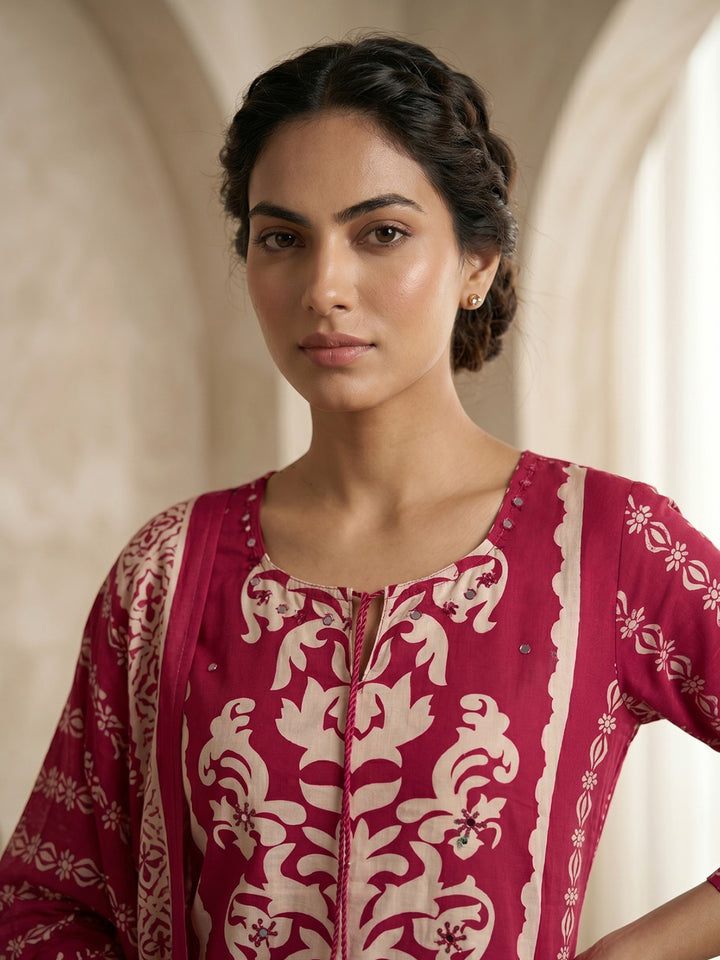 Pink Printed Cotton Blend Kurta With Pant &amp; Dupatta
