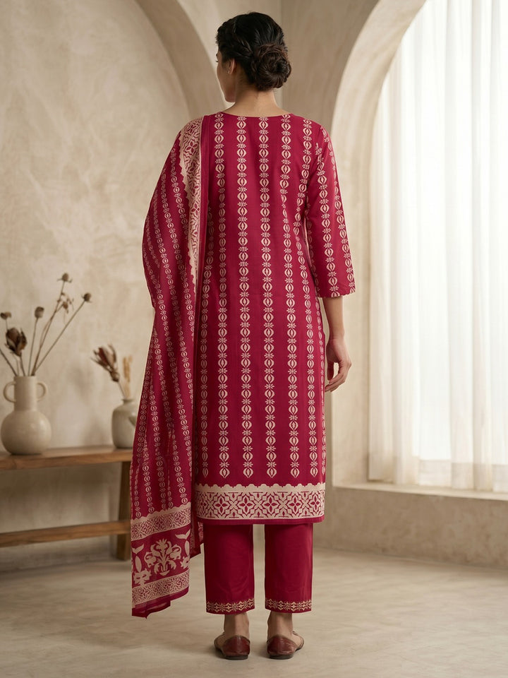 Pink Printed Cotton Blend Kurta With Pant &amp; Dupatta