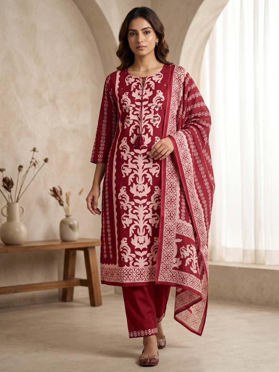 Red Printed Cotton Blend Kurta With Pant &amp; Dupatta