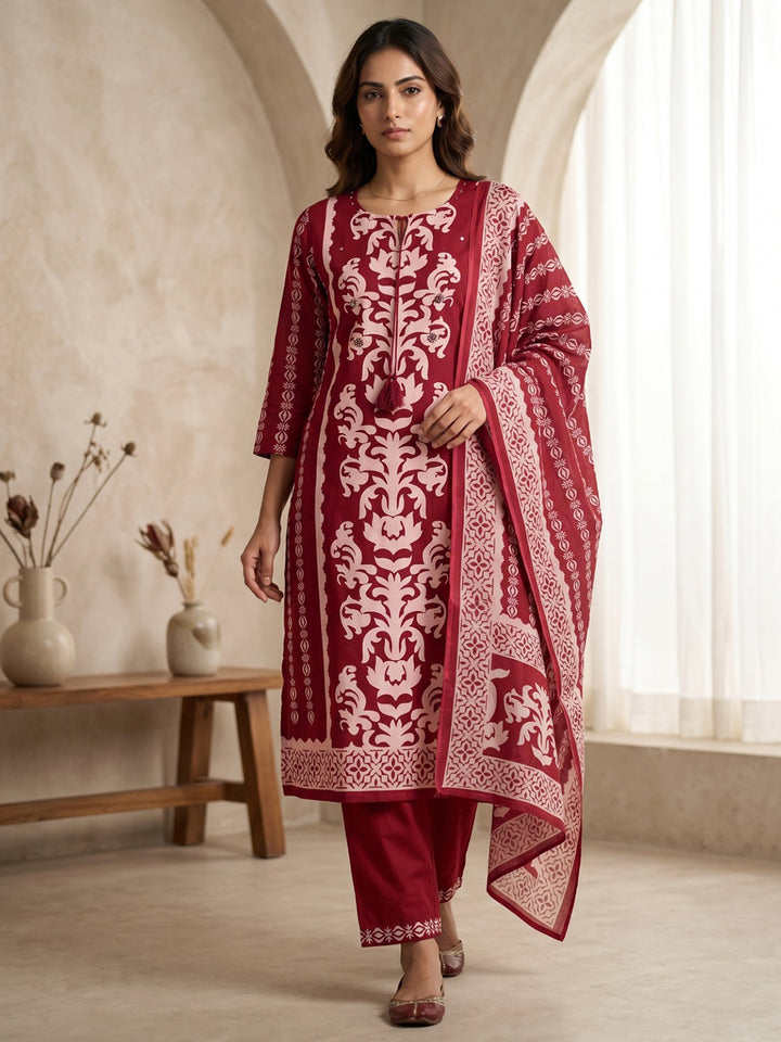 Red Printed Cotton Blend Kurta With Pant &amp; Dupatta