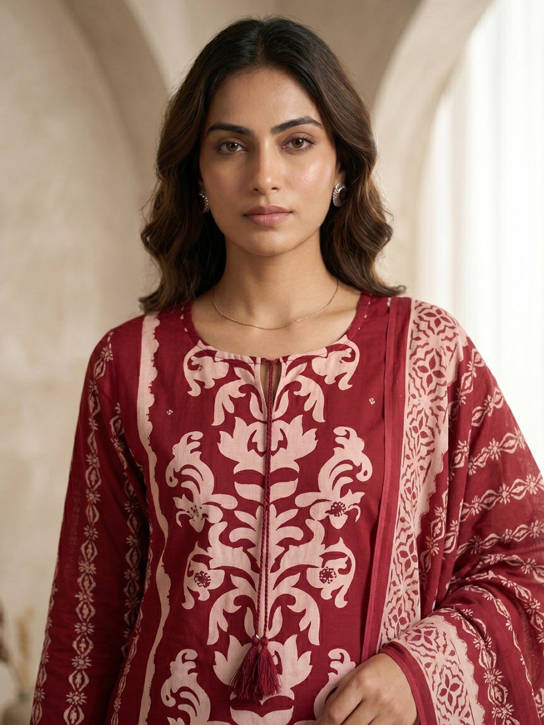 Red Printed Cotton Blend Kurta With Pant &amp; Dupatta