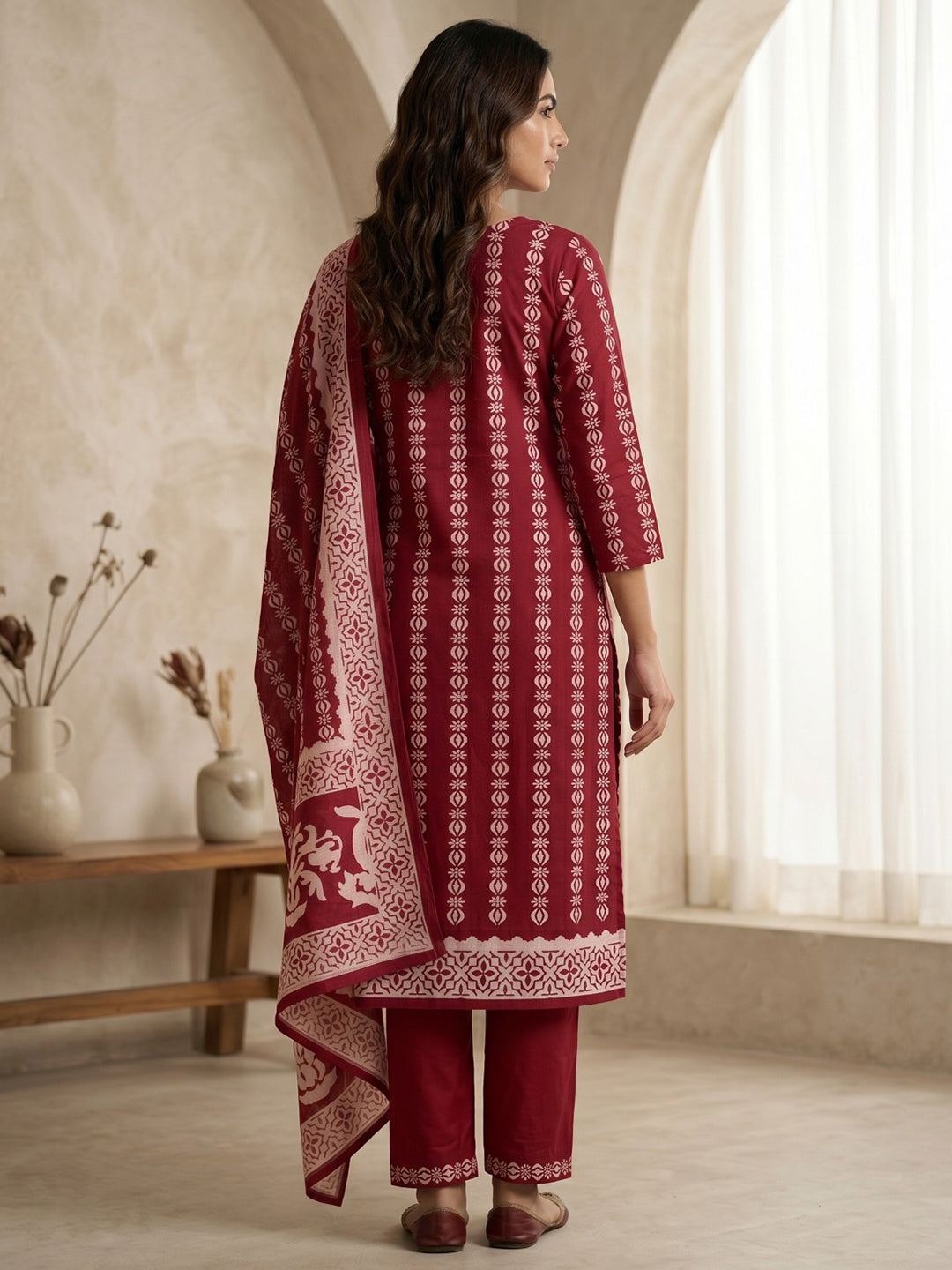 Red Printed Cotton Blend Kurta With Pant &amp; Dupatta