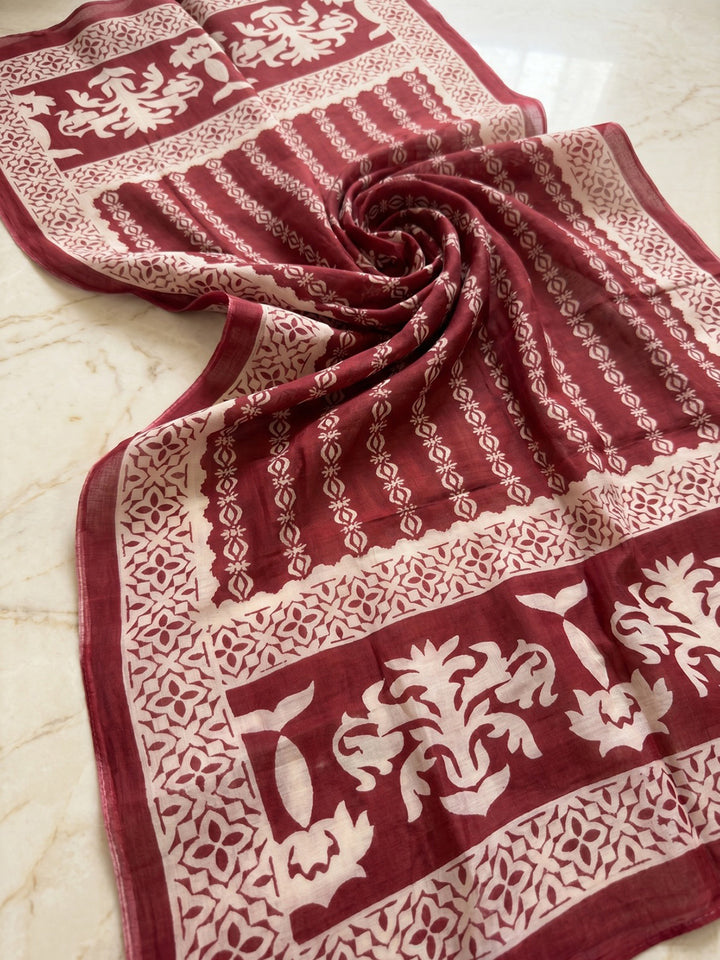 Red Printed Cotton Blend Kurta With Pant &amp; Dupatta