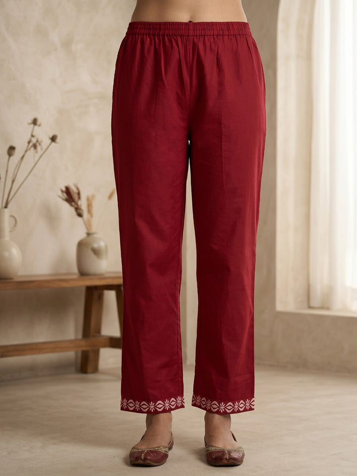 Red Printed Cotton Blend Kurta With Pant &amp; Dupatta