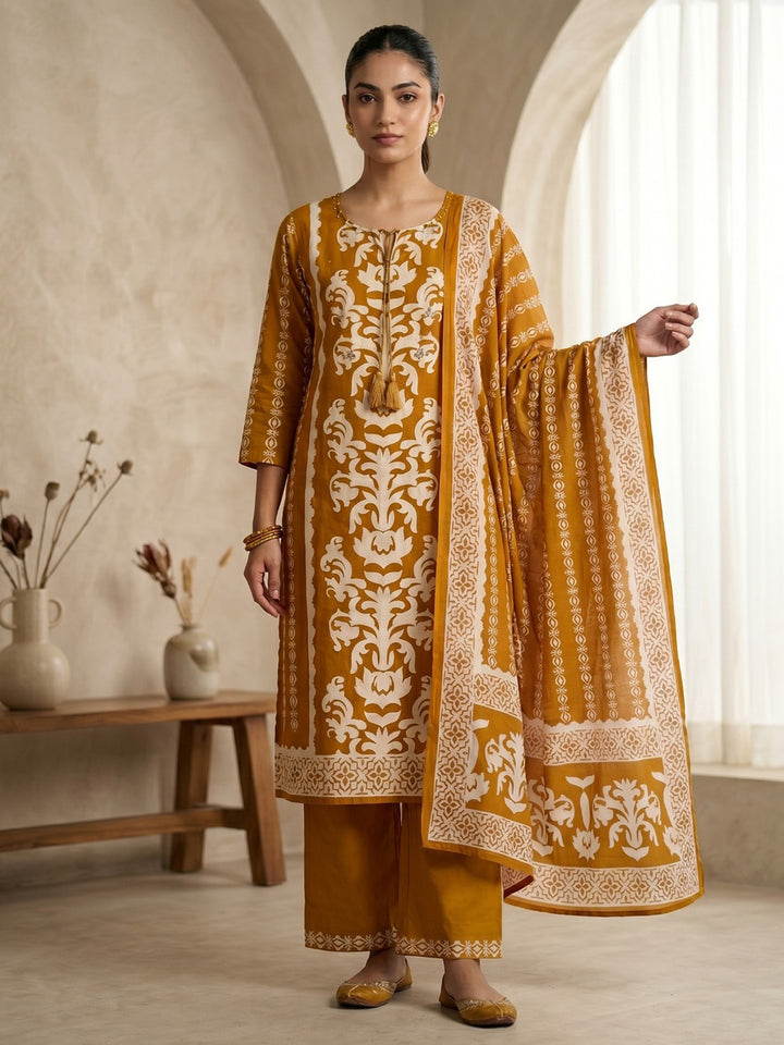 Yellow Printed Cotton Blend Kurta With Pant &amp; Dupatta