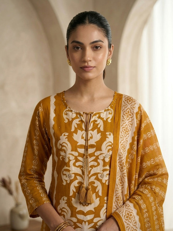 Yellow Printed Cotton Blend Kurta With Pant &amp; Dupatta
