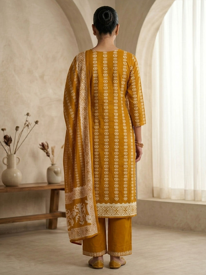 Yellow Printed Cotton Blend Kurta With Pant &amp; Dupatta