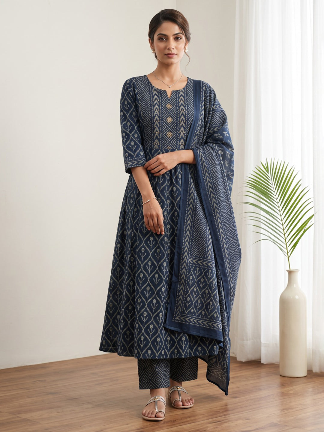 Blue Printed Cotton Blend Kurta With Pant &amp; Dupatta
